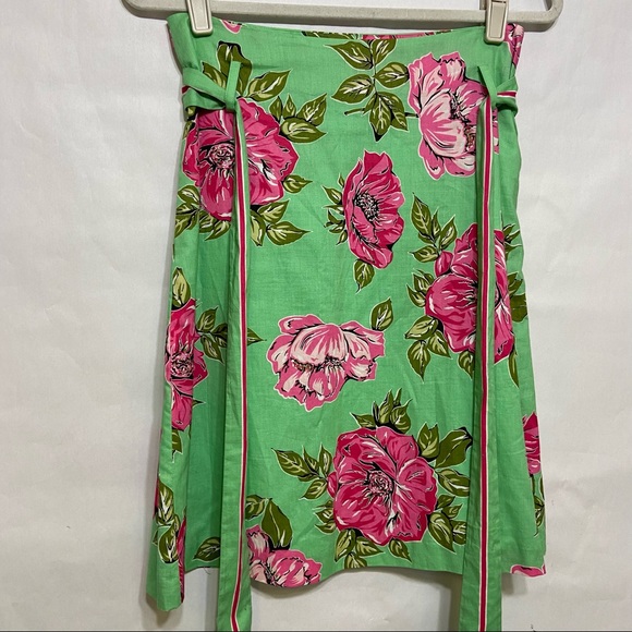 TIBI COTTON GREEN PINK FLORAL FLOWERS TIE WAIST SKIRT - Picture 2 of 15